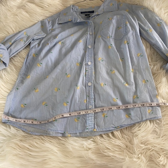 Karen Scott blue white pink striped yellow rose floral printed button front top - Picture 16 of 17